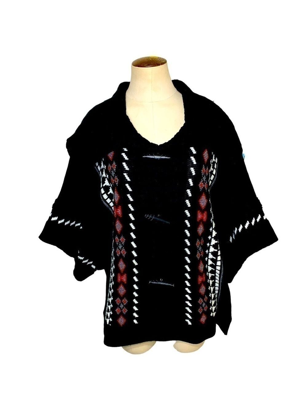Vintage Black Knit Sweater Sz L Boho Southwester Geometric Pattern Dolman Sleeve